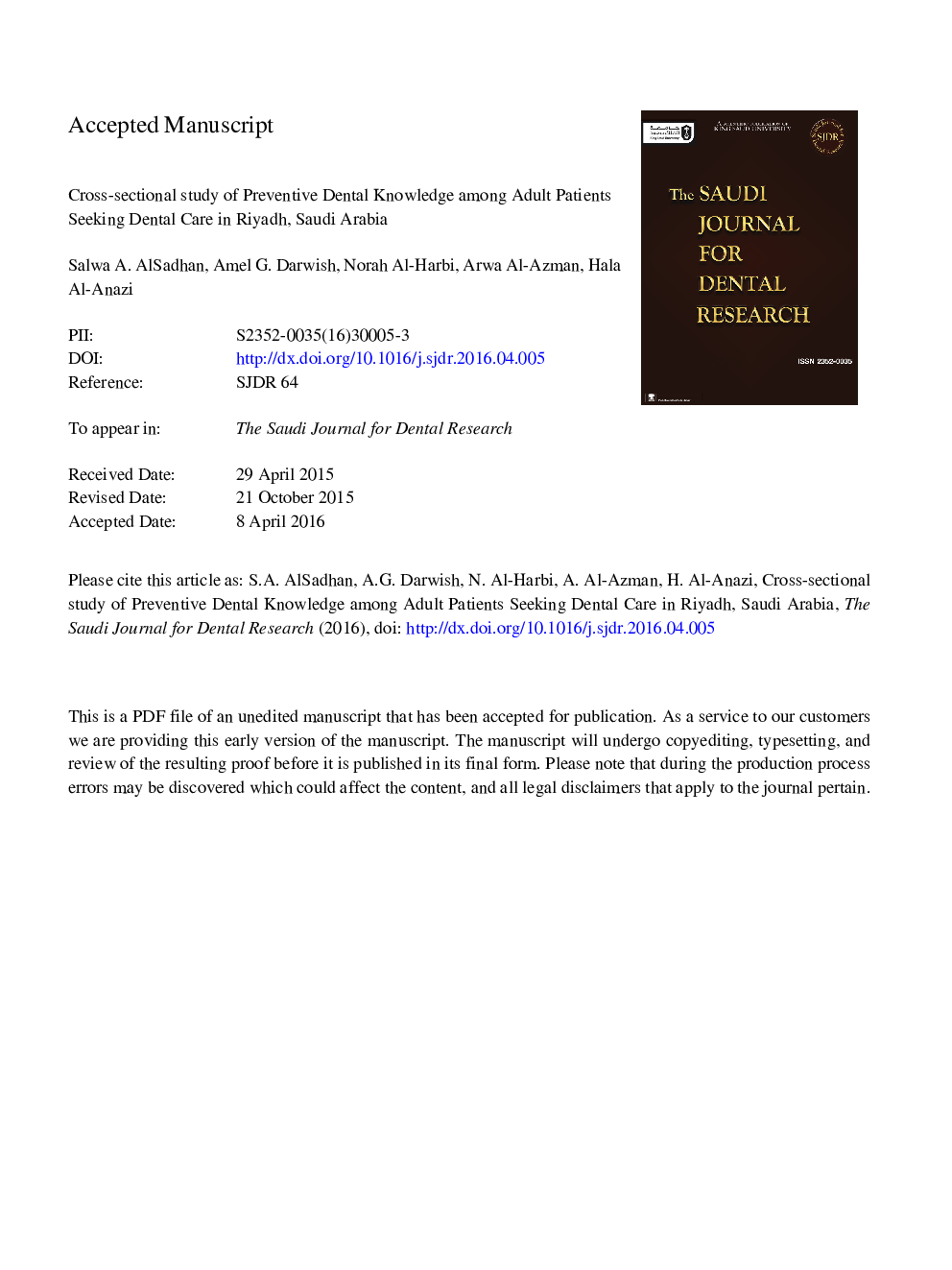 مطالعه مقطعی از دانش دندانپزشکی پیشگیرانه در بیماران بزرگسال مبتلا به دندانپزشکی در ریاض، عربستان سعودی 