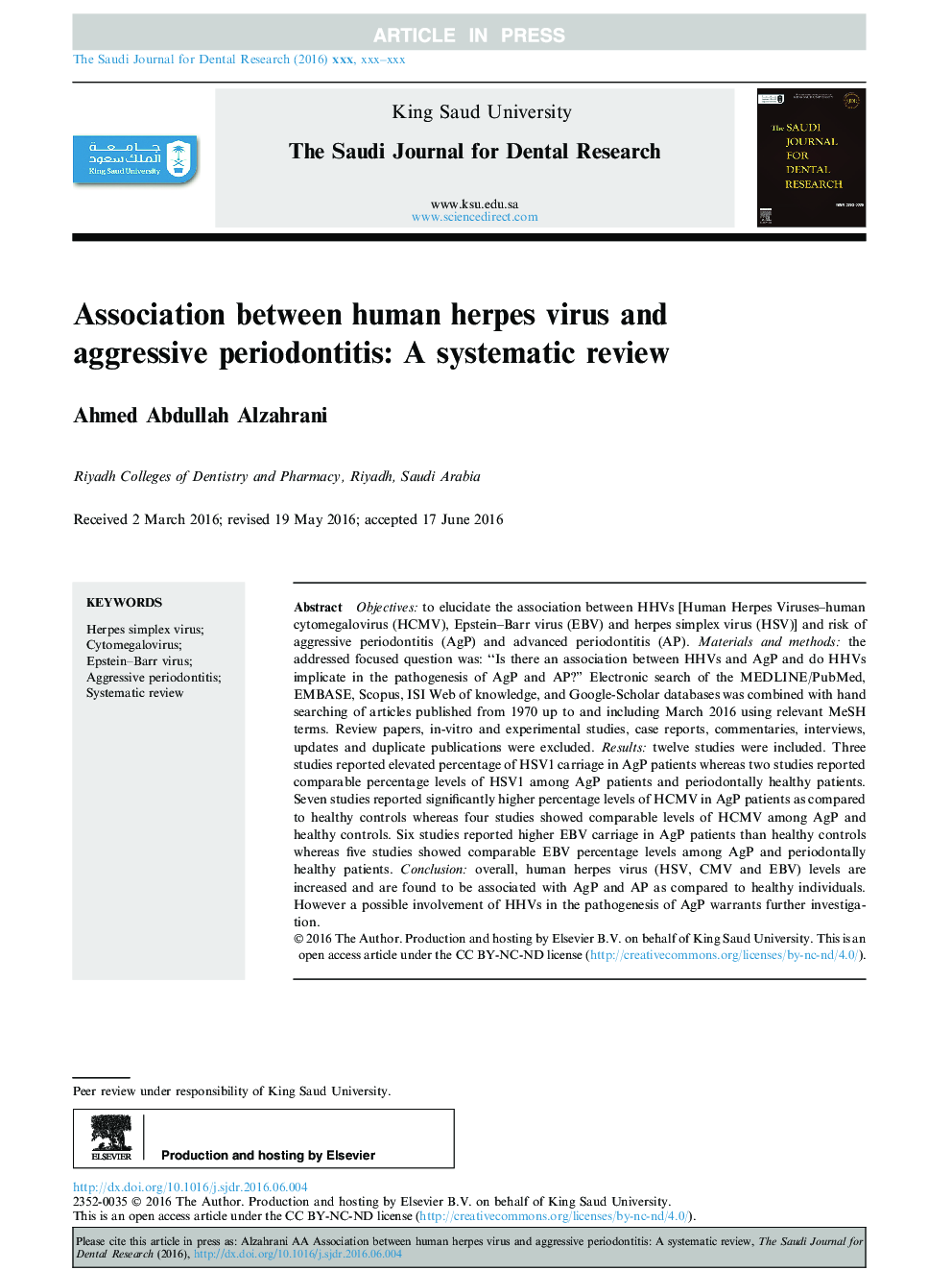 Association between human herpes virus and aggressive periodontitis: A systematic review