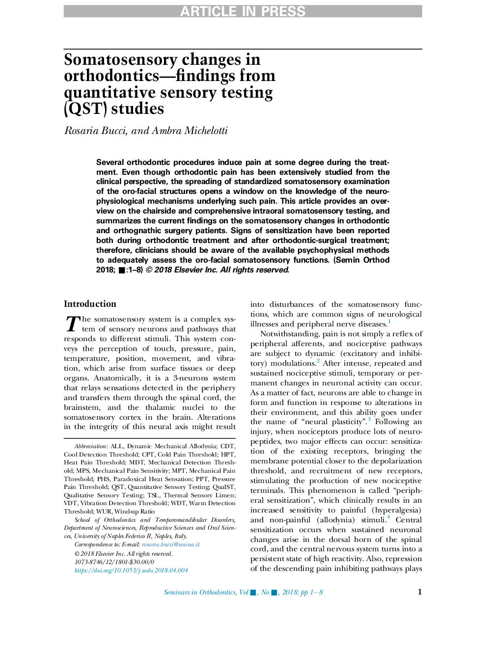 Somatosensory changes in orthodontics-findings from quantitative sensory testing (QST) studies