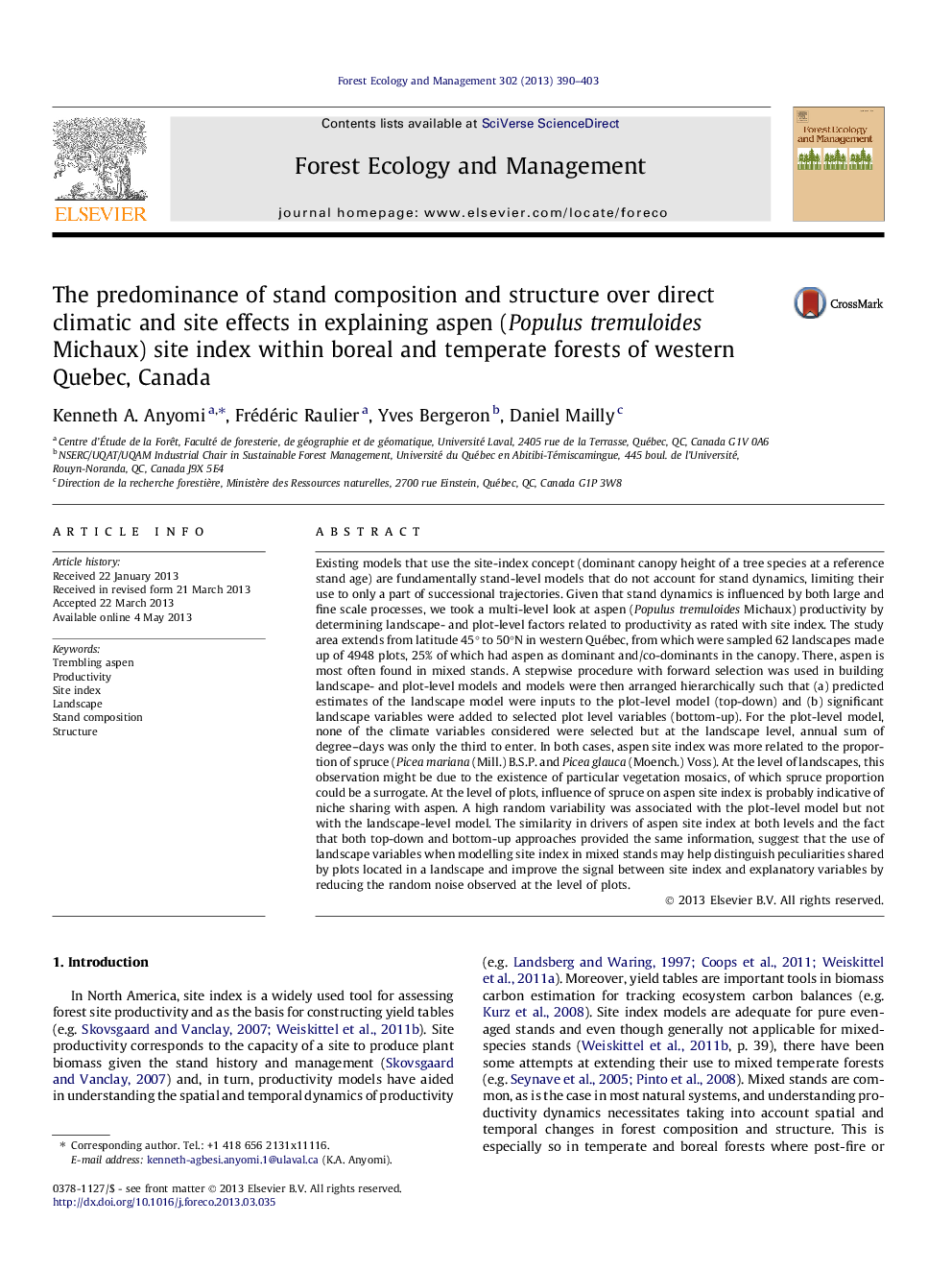 The predominance of stand composition and structure over direct climatic and site effects in explaining aspen (Populus tremuloides Michaux) site index within boreal and temperate forests of western Quebec, Canada