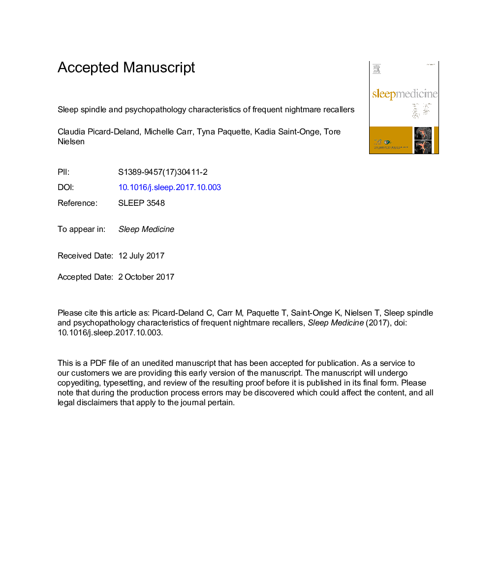 Sleep spindle and psychopathology characteristics of frequent nightmare recallers