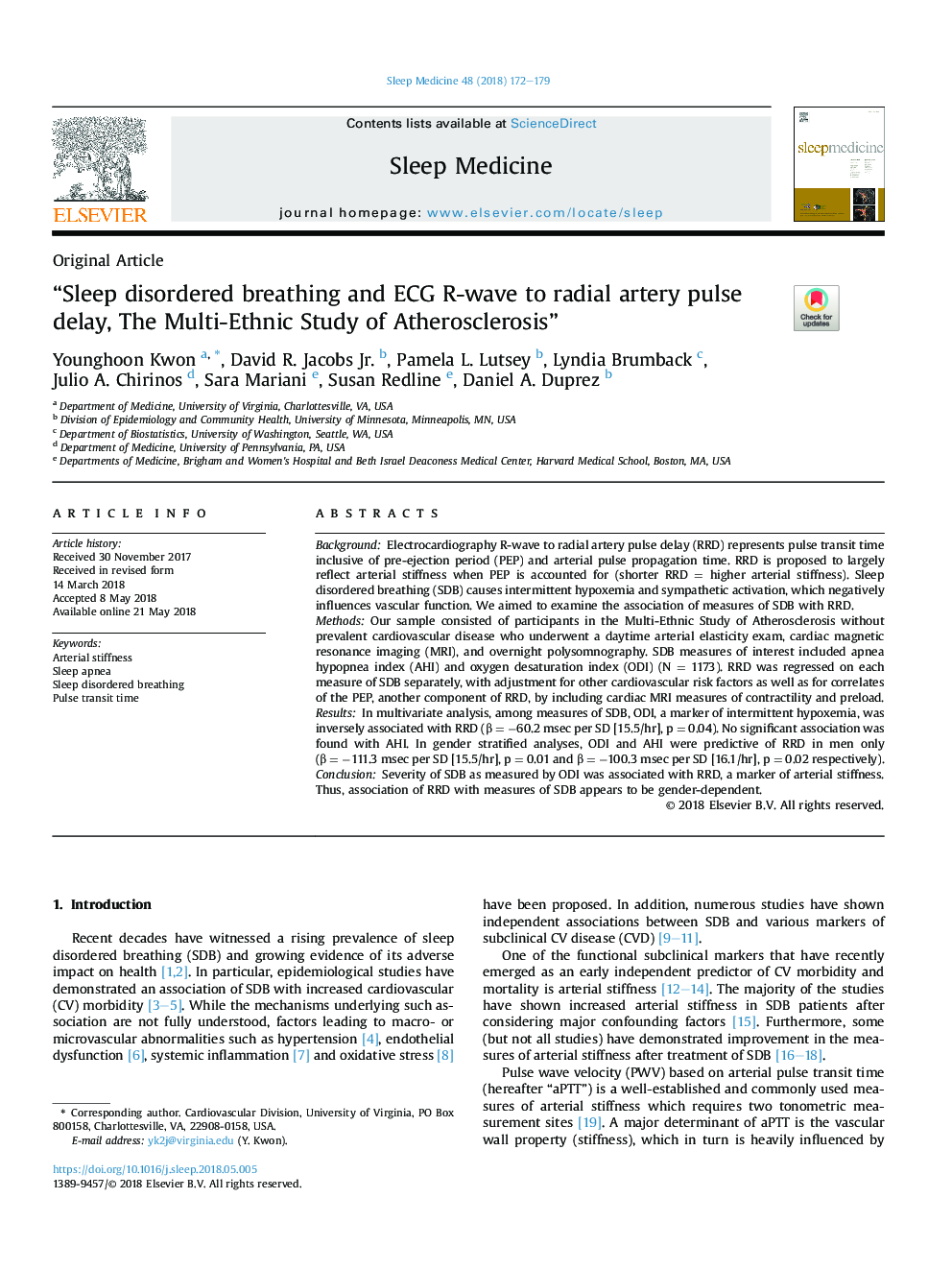 “Sleep disordered breathing and ECG R-wave to radial artery pulse delay, The Multi-Ethnic Study of Atherosclerosis”