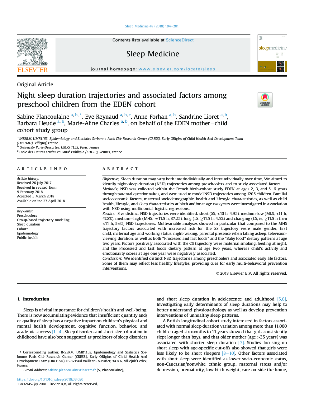 Night sleep duration trajectories and associated factors among preschool children from the EDEN cohort