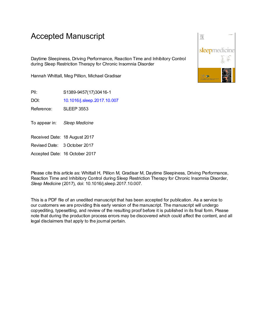 Daytime sleepiness, driving performance, reaction time and inhibitory control during sleep restriction therapy for Chronic Insomnia Disorder