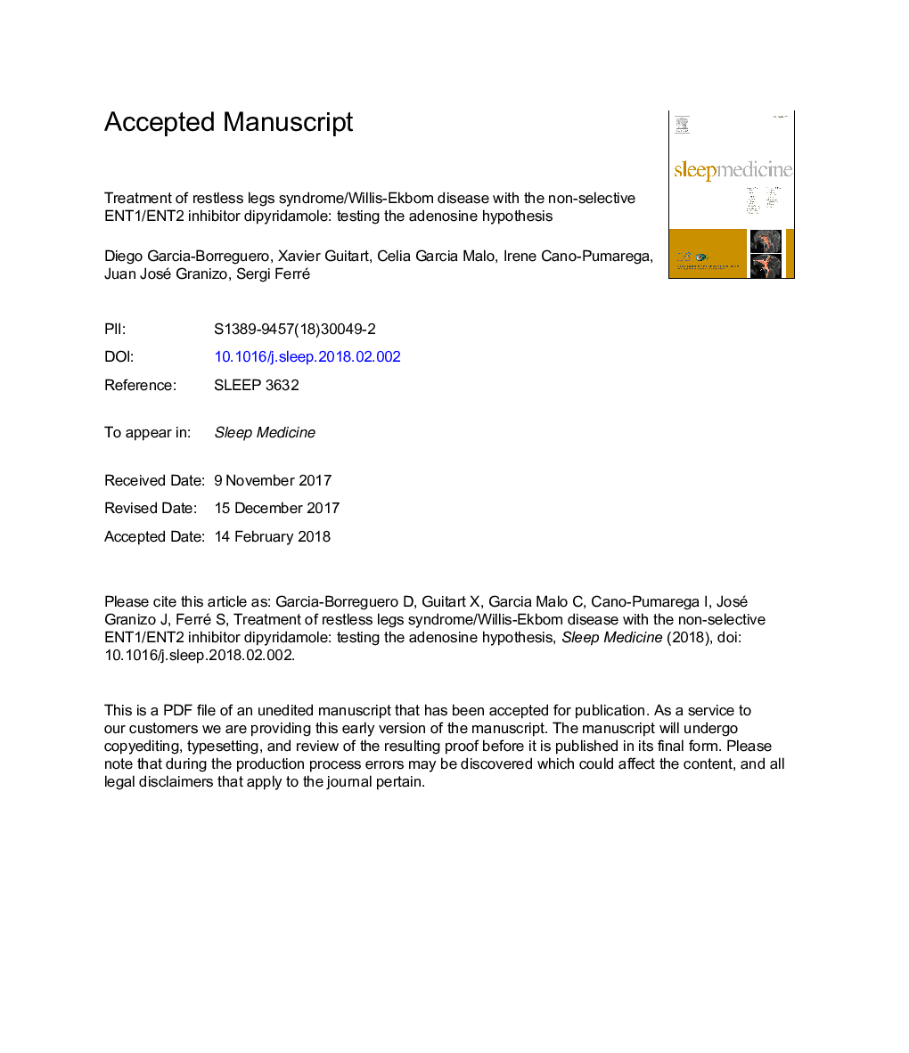 Treatment of restless legs syndrome/Willis-Ekbom disease with the non-selective ENT1/ENT2 inhibitor dipyridamole: testing the adenosine hypothesis