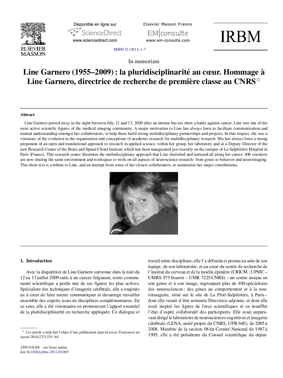 عکس صفحه اول مقاله: Line Garnero (1955–2009) : la pluridisciplinarité au cœur. Hommage à Line Garnero, directrice de recherche de première classe au CNRS Line Garnero (1955–2009) : la pluridisciplinarité au cœur. Hommage à Line Garnero, directrice de recherche de première classe au CNRS