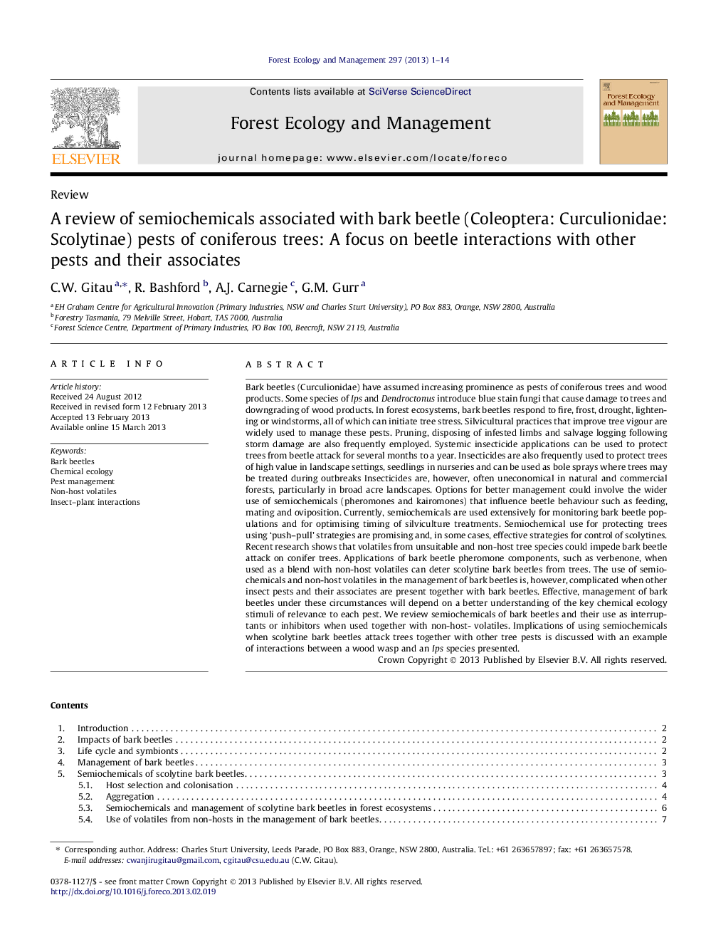 A review of semiochemicals associated with bark beetle (Coleoptera: Curculionidae: Scolytinae) pests of coniferous trees: A focus on beetle interactions with other pests and their associates