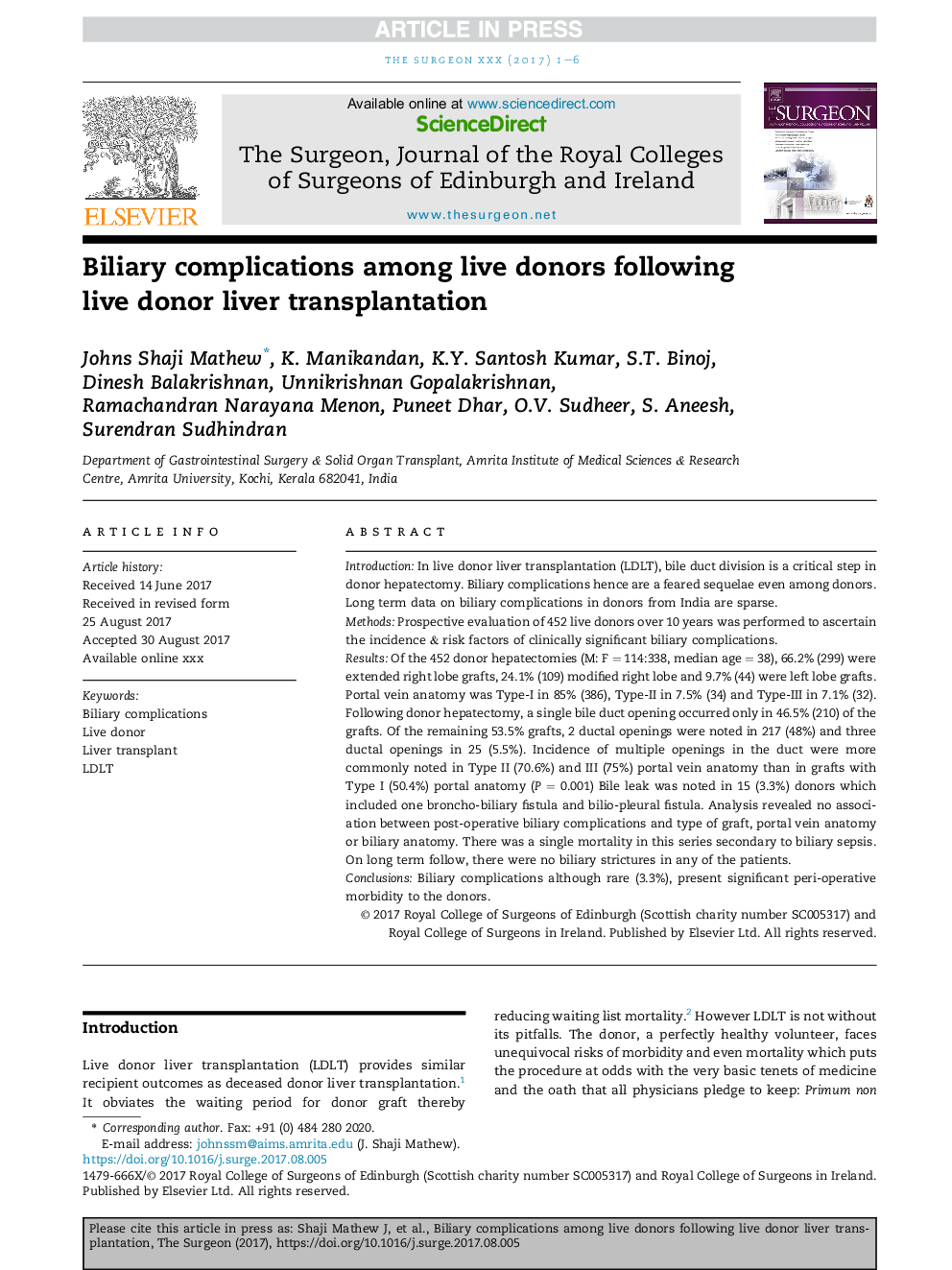 Biliary complications among live donors following live donor liver transplantation