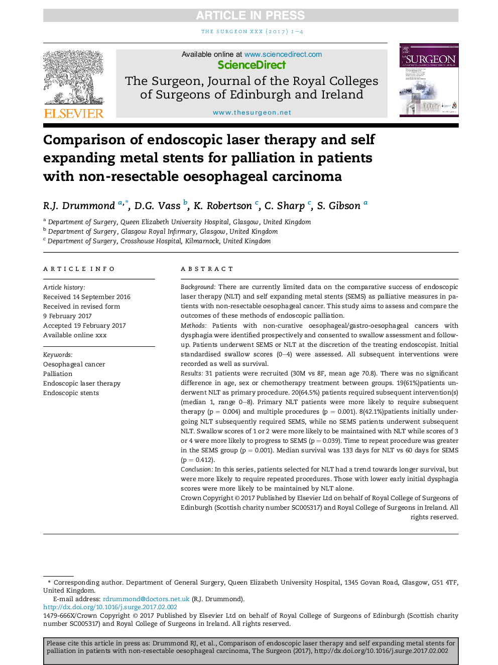 Comparison of endoscopic laser therapy and self expanding metal stents for palliation in patients with non-resectable oesophageal carcinoma