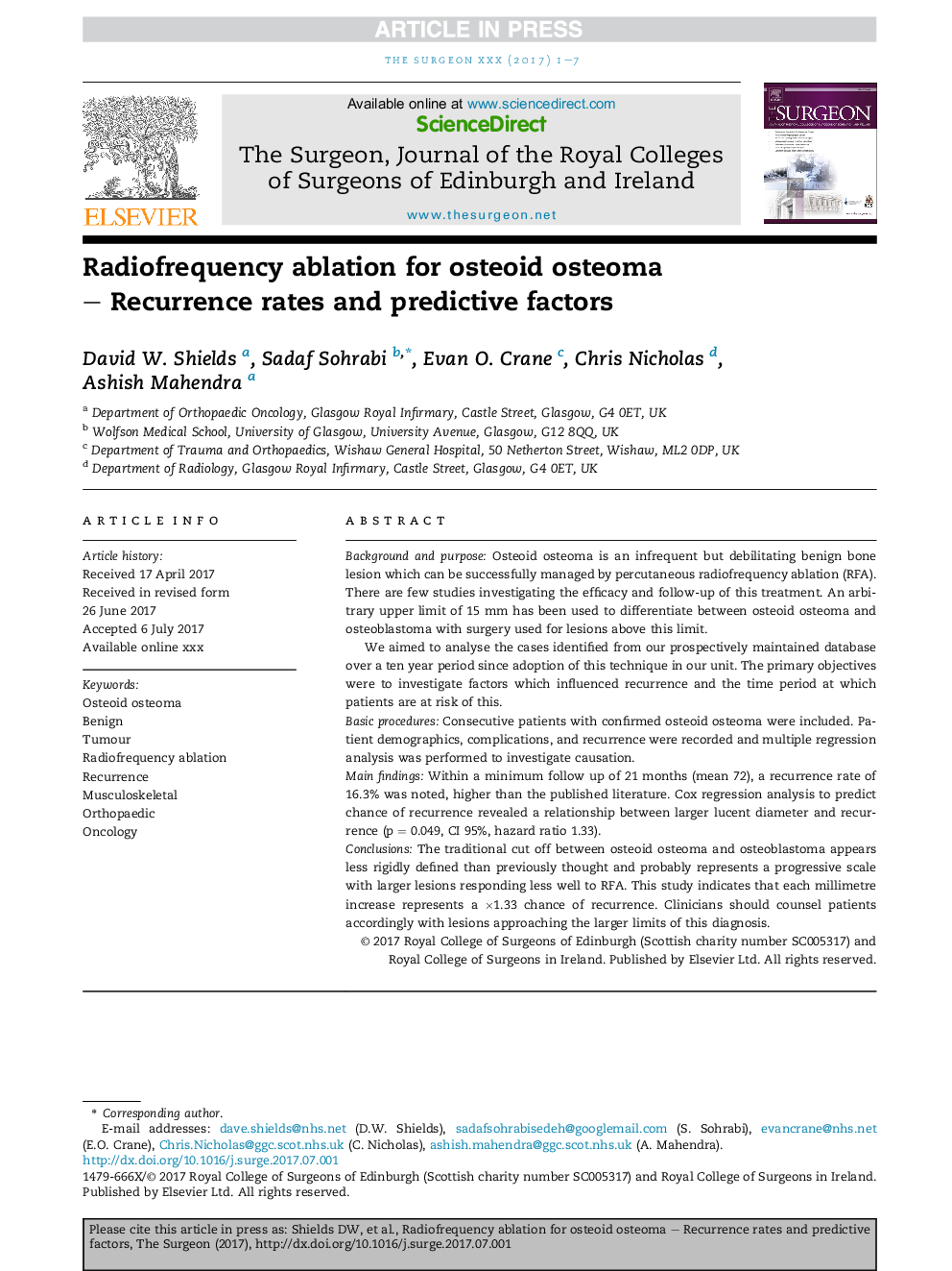 Radiofrequency ablation for osteoid osteoma - Recurrence rates and predictive factors