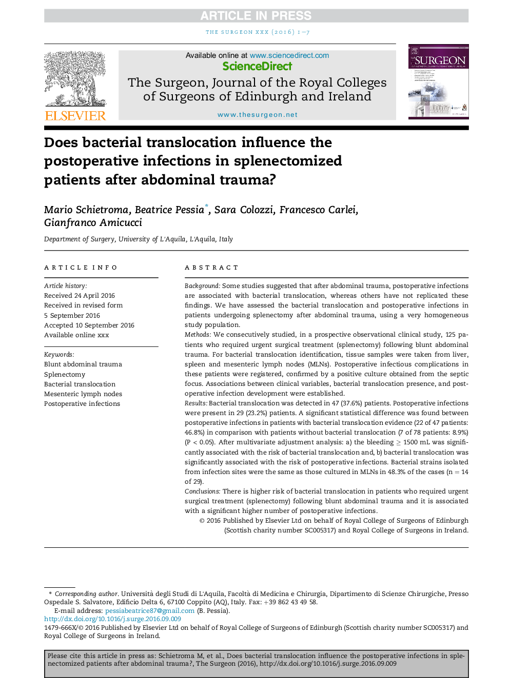 Does bacterial translocation influence the postoperative infections in splenectomized patients after abdominal trauma?