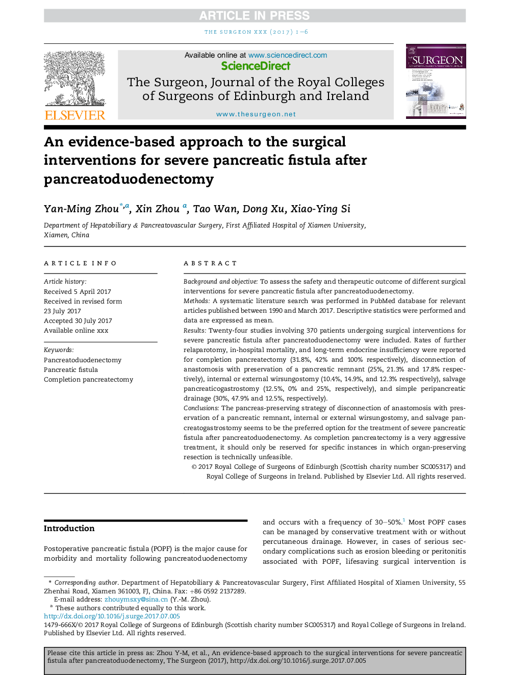 An evidence-based approach to the surgical interventions for severe pancreatic fistula after pancreatoduodenectomy