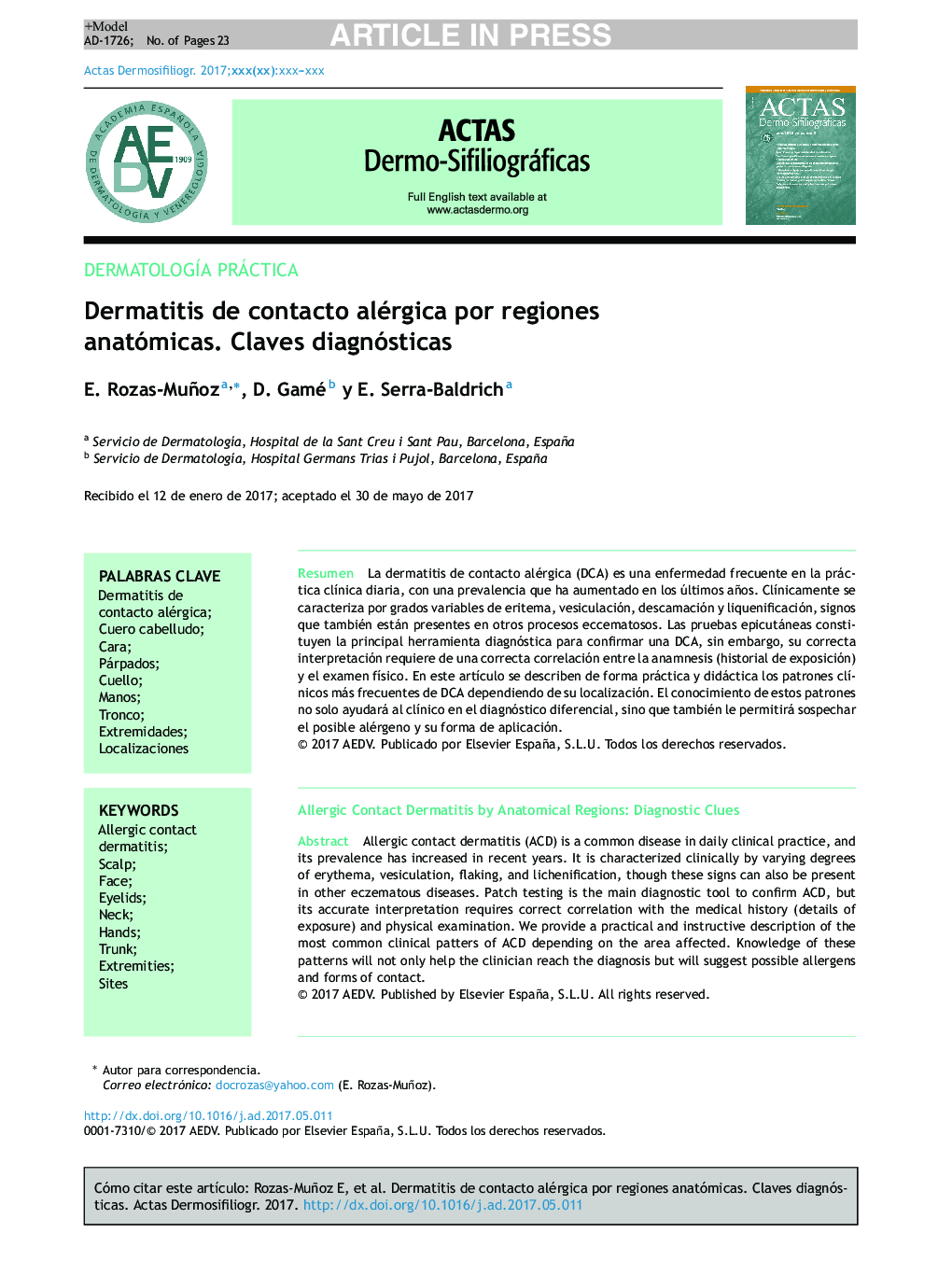 Dermatitis de contacto alérgica por regiones anatómicas. Claves diagnósticas