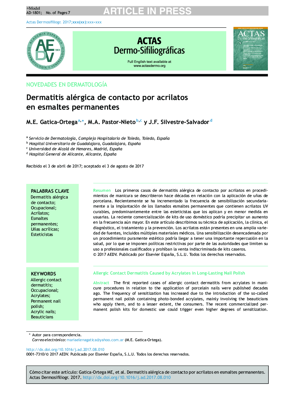 Dermatitis alérgica de contacto por acrilatos en esmaltes permanentes