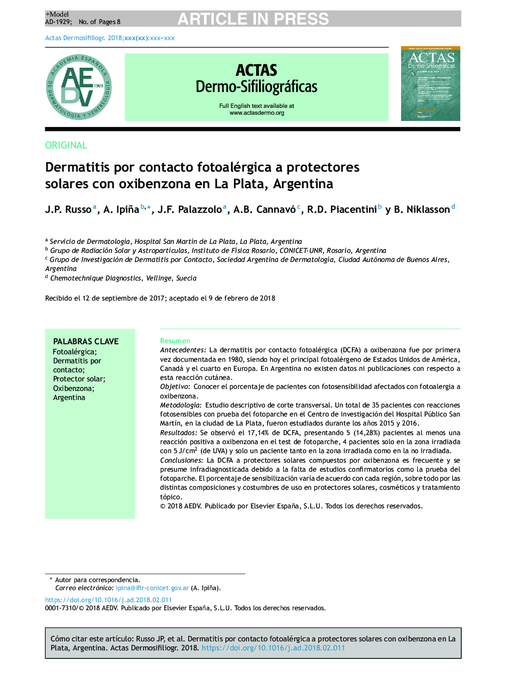 Dermatitis por contacto fotoalérgica a protectores solares con oxibenzona en La Plata, Argentina