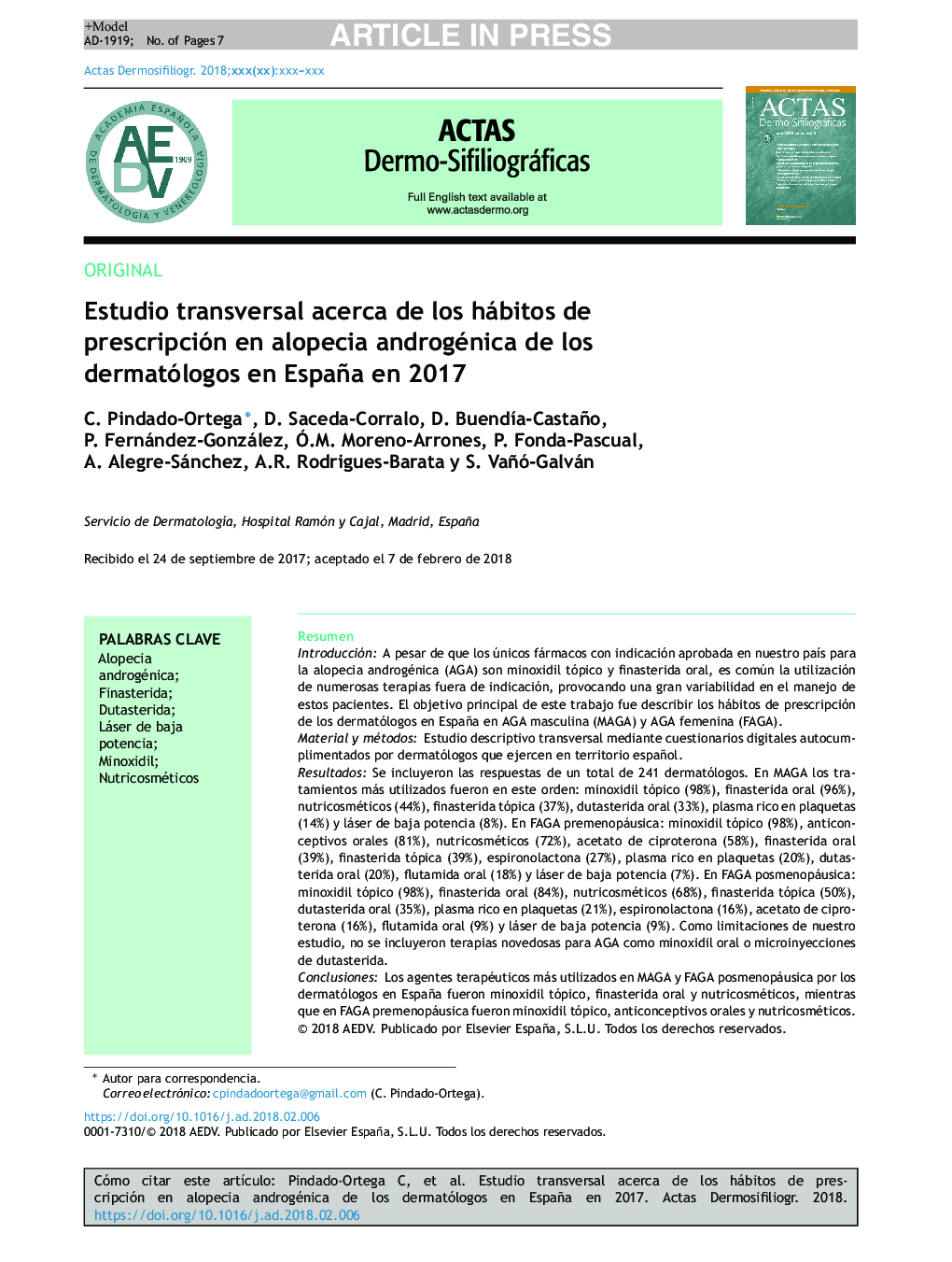 عکس صفحه اول مقاله: Estudio transversal acerca de los hábitos de prescripción en alopecia androgénica de los dermatólogos en España en 2017 Estudio transversal acerca de los hábitos de prescripción en alopecia androgénica de los dermatólogos en España en 2017