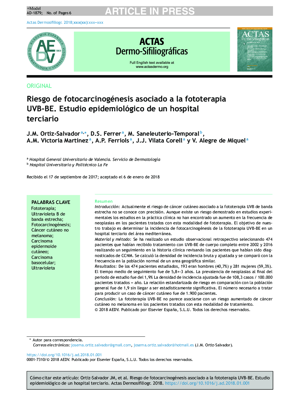 Riesgo de fotocarcinogénesis asociado a la fototerapia UVB-BE. Estudio epidemiológico de un hospital terciario