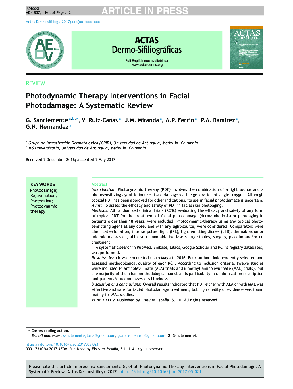 Photodynamic Therapy Interventions in Facial Photodamage: A Systematic Review