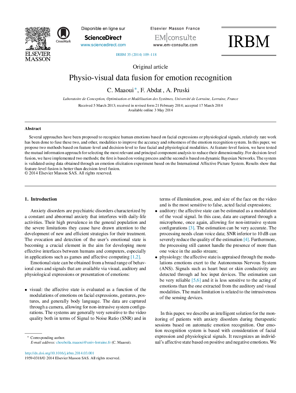 Physio-visual data fusion for emotion recognition