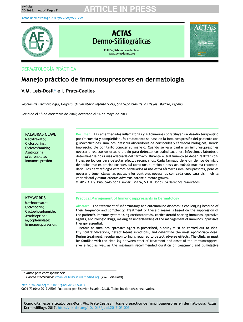 Manejo práctico de inmunosupresores en dermatologÃ­a