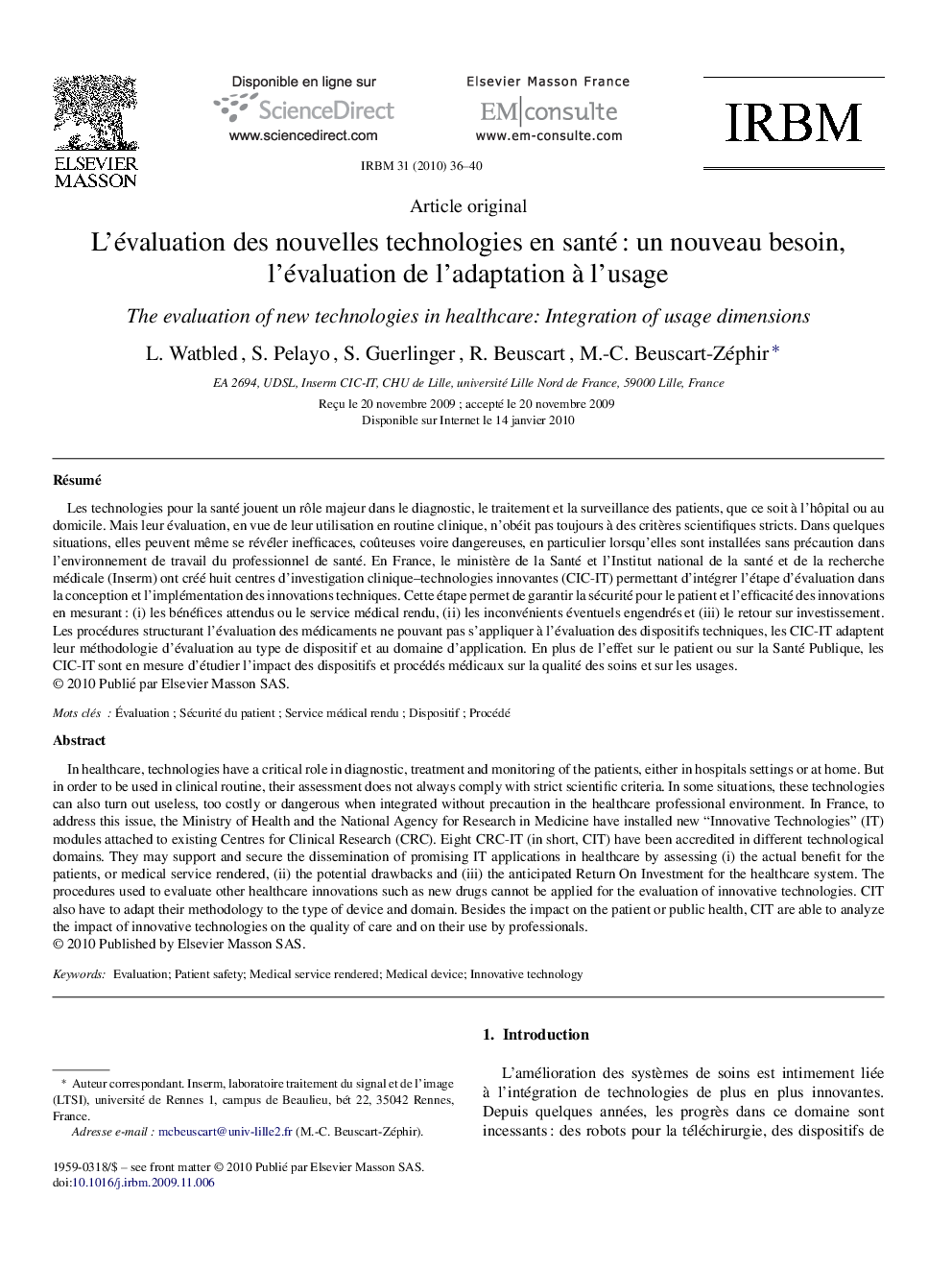 L’évaluation des nouvelles technologies en santé : un nouveau besoin, l’évaluation de l’adaptation à l’usage