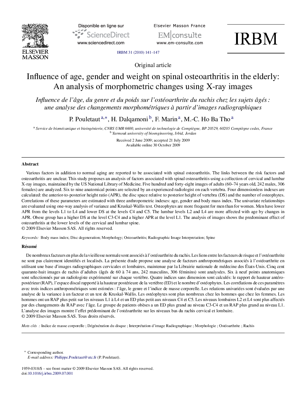 Influence of age, gender and weight on spinal osteoarthritis in the elderly: An analysis of morphometric changes using X-ray images