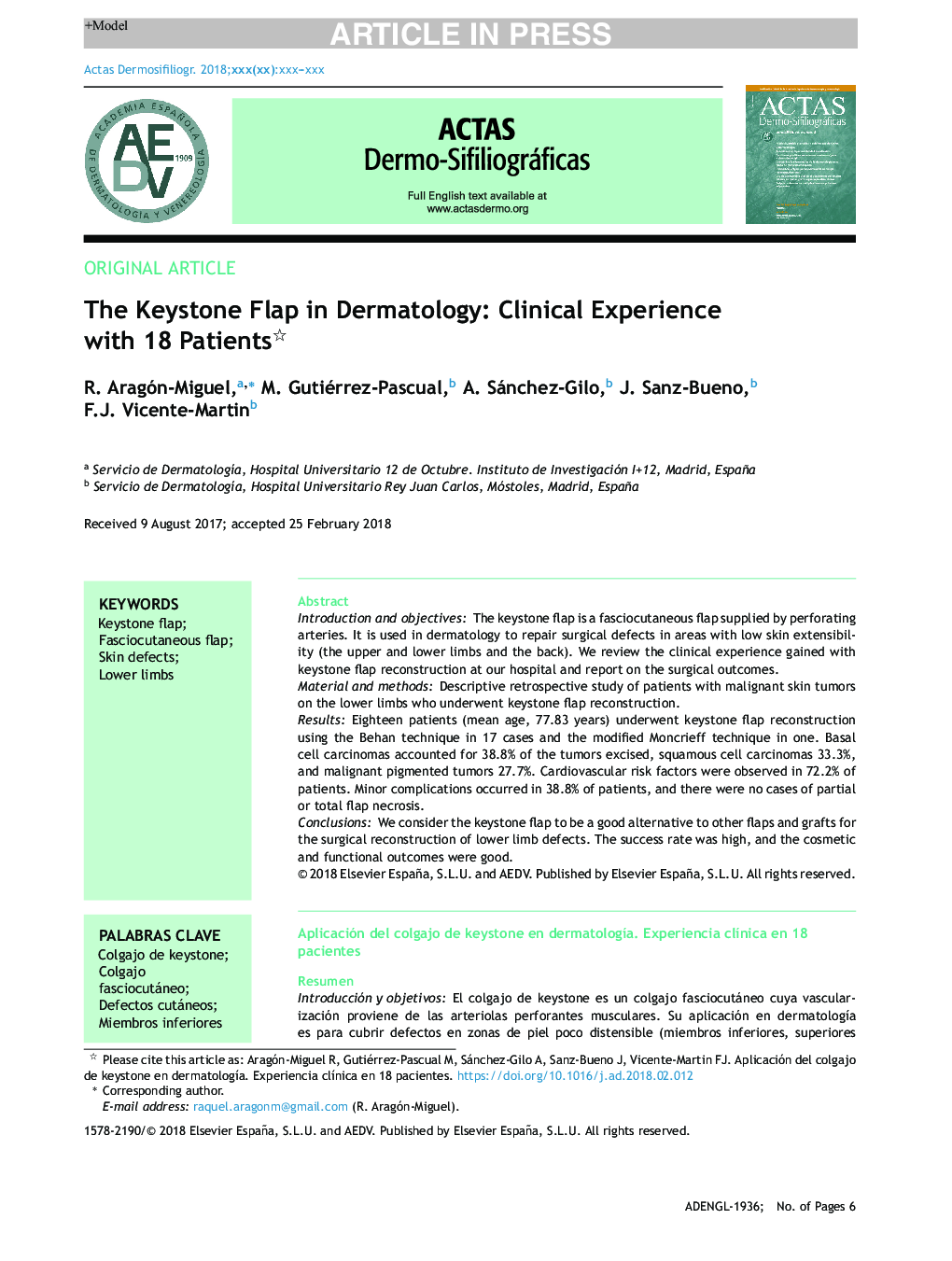 The Keystone Flap in Dermatology: Clinical Experience with 18 Patients