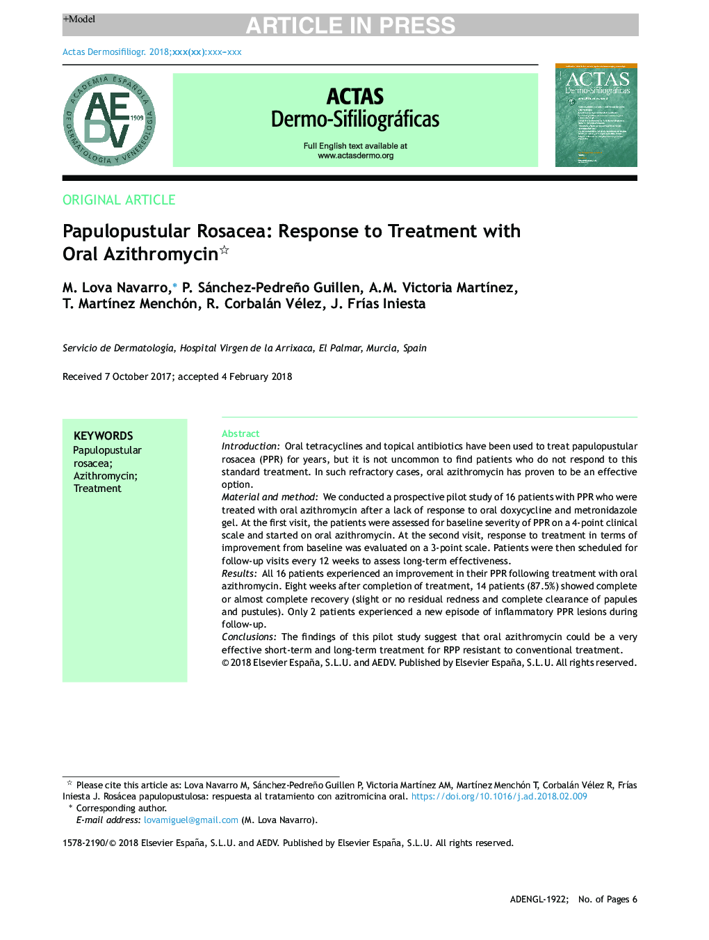 Papulopustular Rosacea: Response to Treatment with Oral Azithromycin