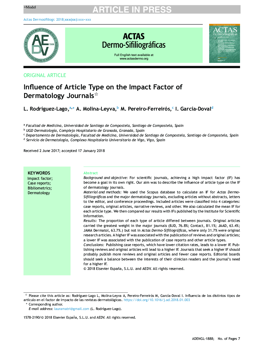 Influence of Article Type on the Impact Factor of Dermatology Journals