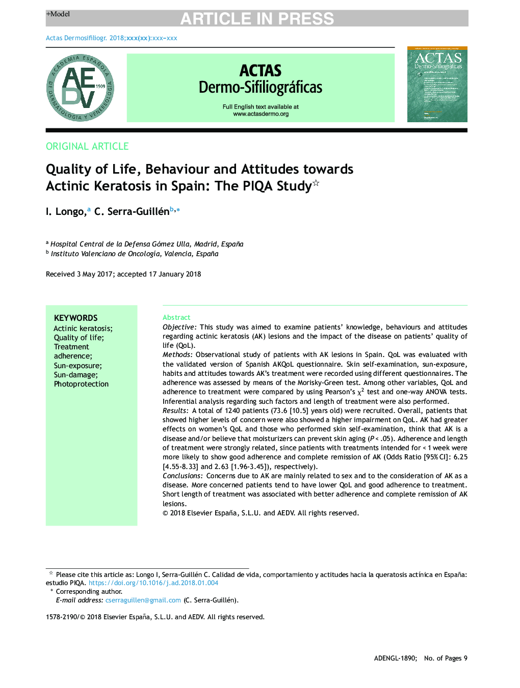 Quality of Life, Behaviour and Attitudes towards Actinic Keratosis in Spain: The PIQA Study