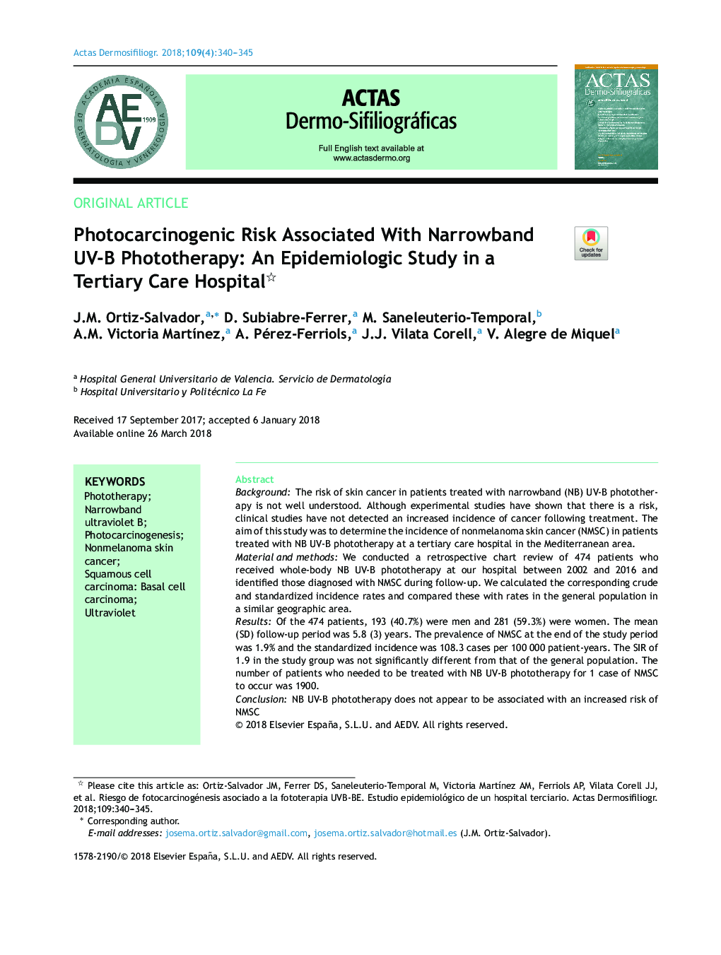 Photocarcinogenic Risk Associated With Narrowband UV-B Phototherapy: An Epidemiologic Study in a Tertiary Care Hospital