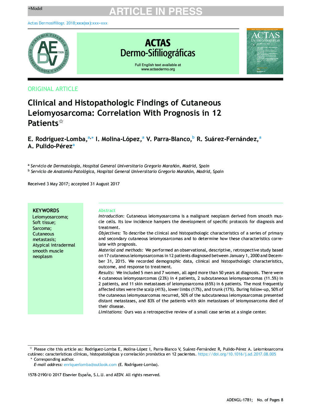 Clinical and Histopathologic Findings of Cutaneous Leiomyosarcoma: Correlation With Prognosis in 12 Patients