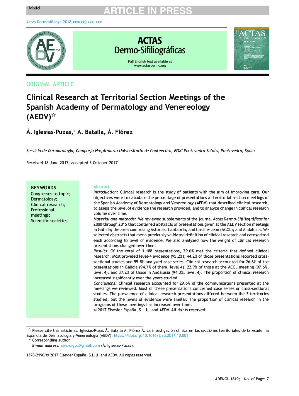 Clinical Research at Territorial Section Meetings of the Spanish Academy of Dermatology and Venereology (AEDV)