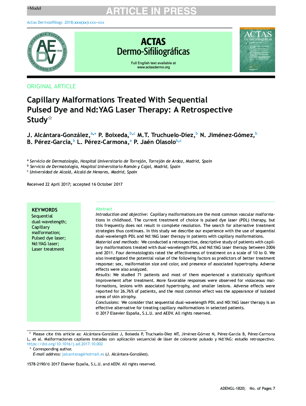 Capillary Malformations Treated With Sequential Pulsed Dye and Nd:YAG Laser Therapy: A Retrospective Study