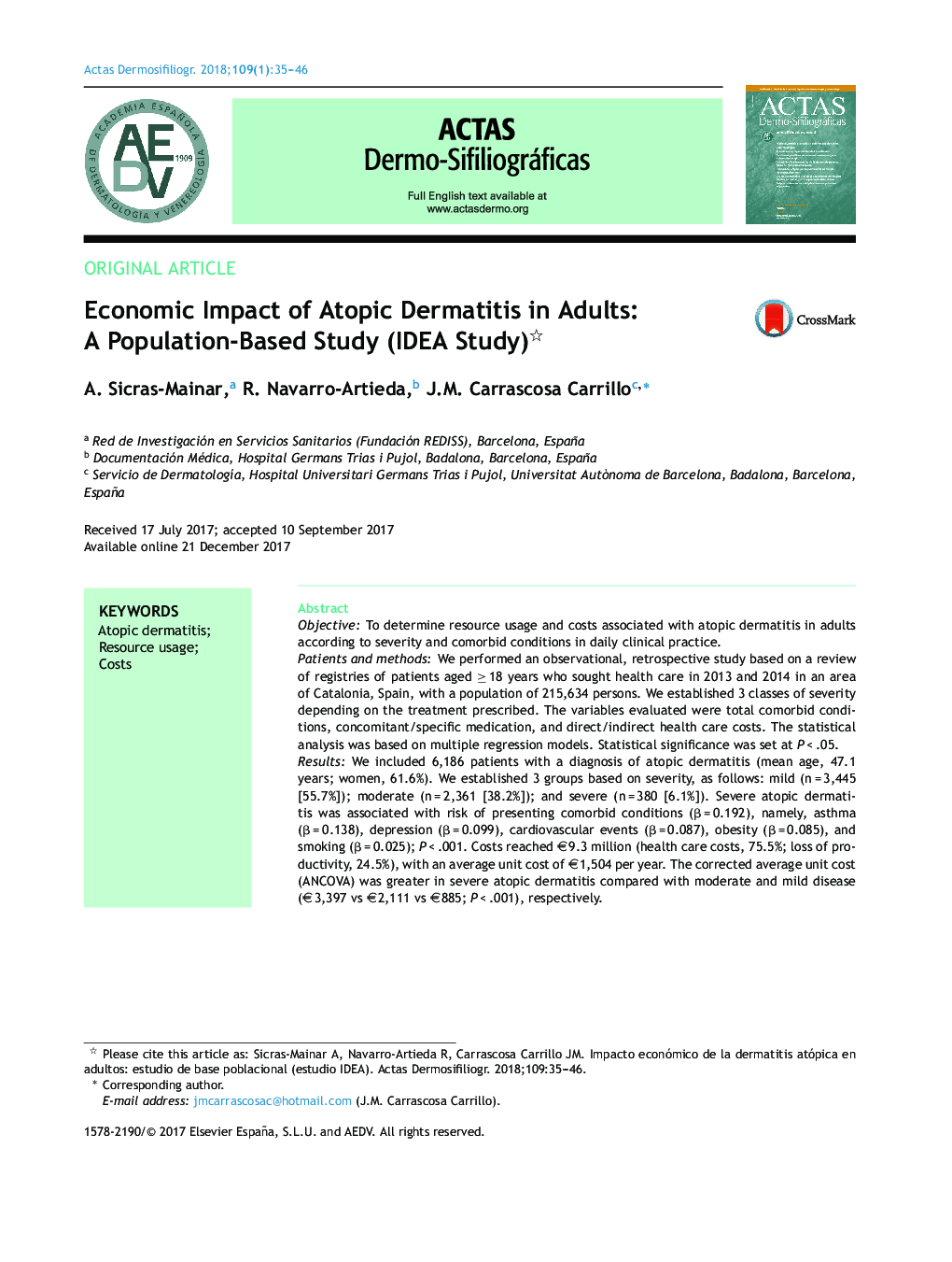 Economic Impact of Atopic Dermatitis in Adults: A Population-Based Study (IDEA Study)
