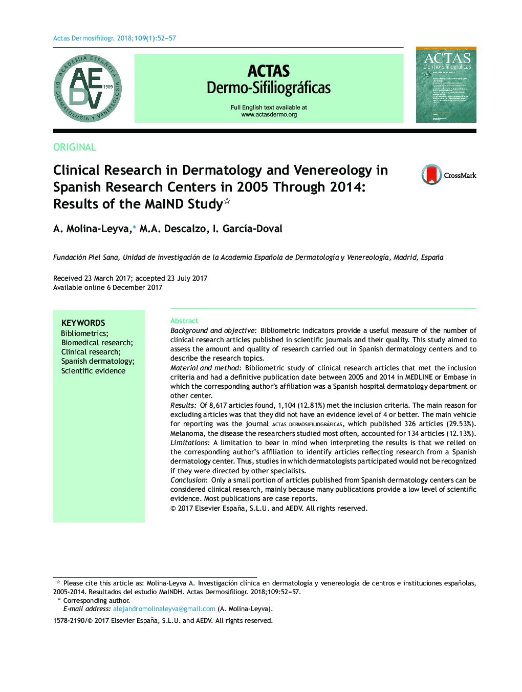 Clinical Research in Dermatology and Venereology in Spanish Research Centers in 2005 Through 2014: Results of the MaIND Study