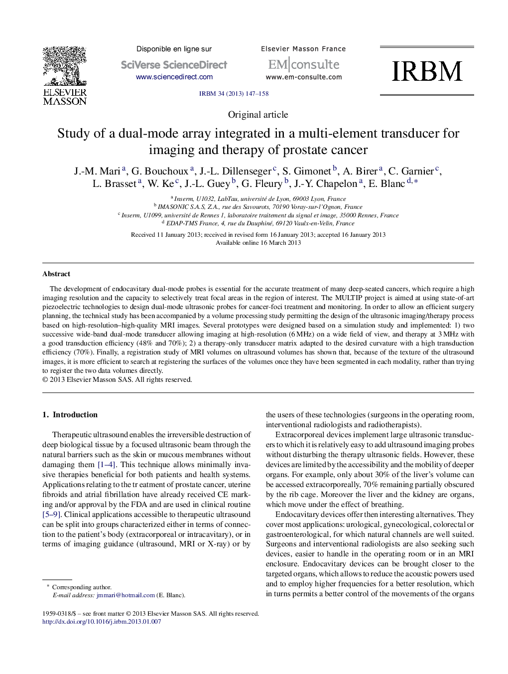 Study of a dual-mode array integrated in a multi-element transducer for imaging and therapy of prostate cancer