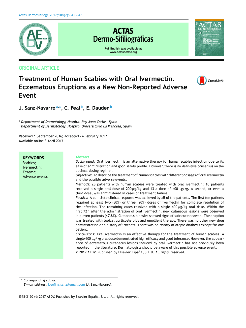 Treatment of Human Scabies with Oral Ivermectin. Eczematous Eruptions as a New Non-Reported Adverse Event