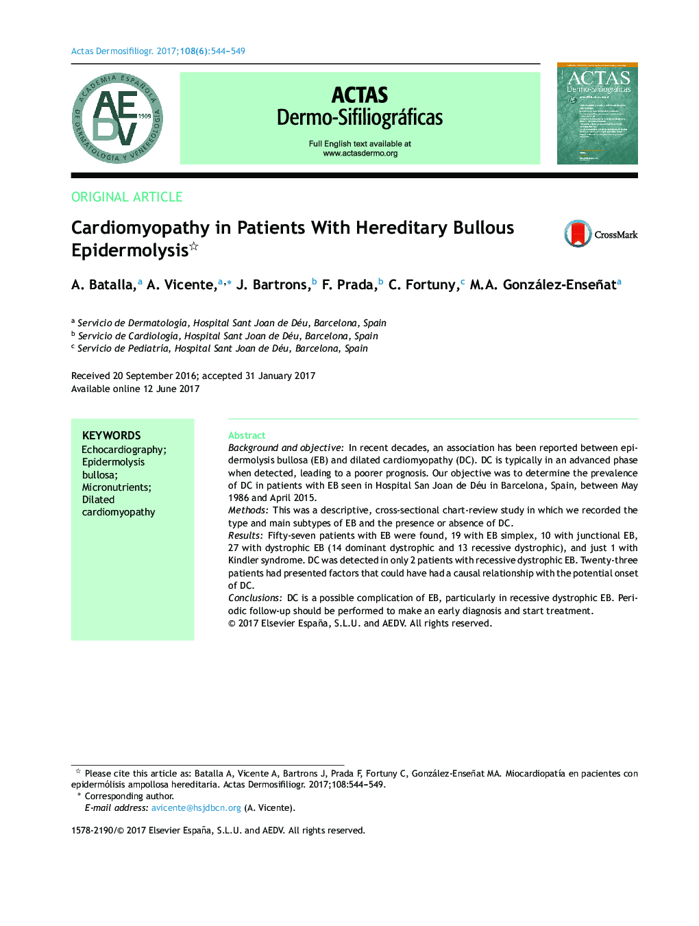 Cardiomyopathy in Patients With Hereditary Bullous Epidermolysis