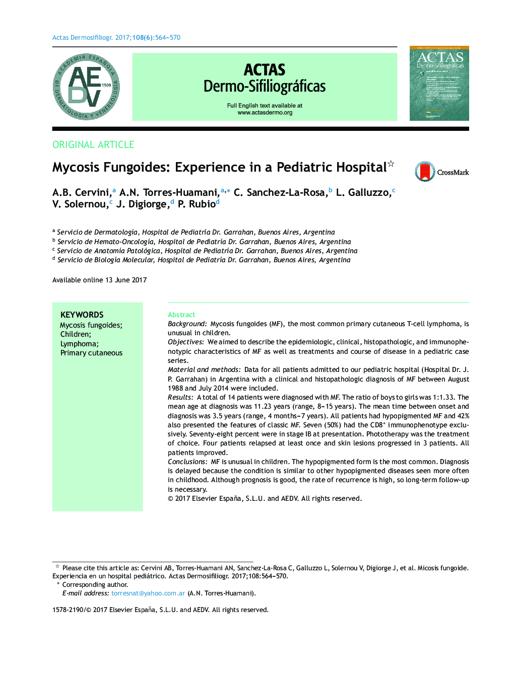 Mycosis Fungoides: Experience in a Pediatric Hospital