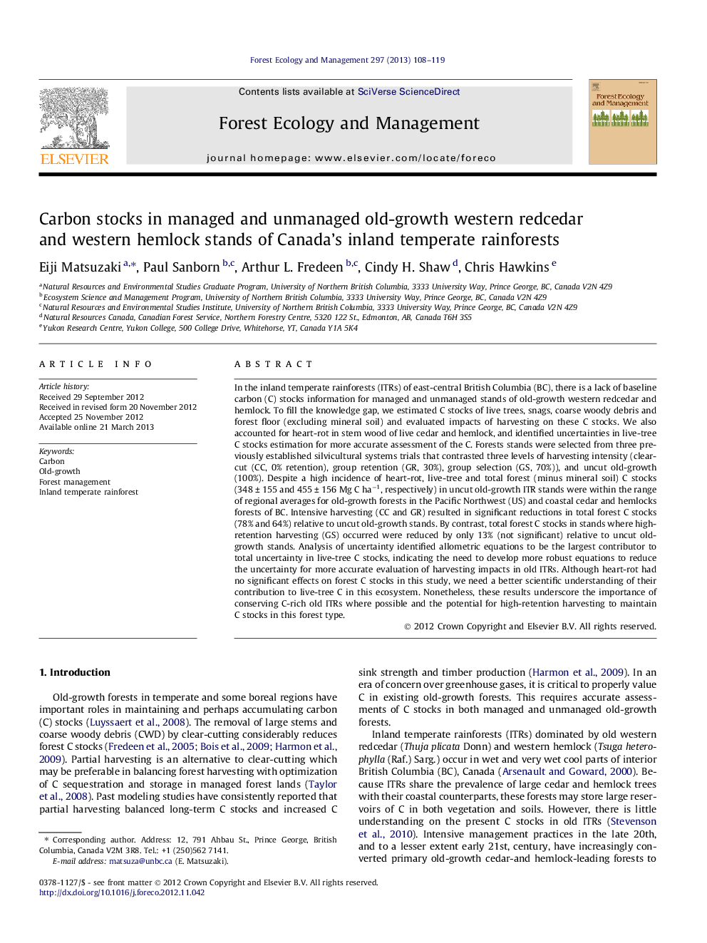 Carbon stocks in managed and unmanaged old-growth western redcedar and western hemlock stands of Canada’s inland temperate rainforests