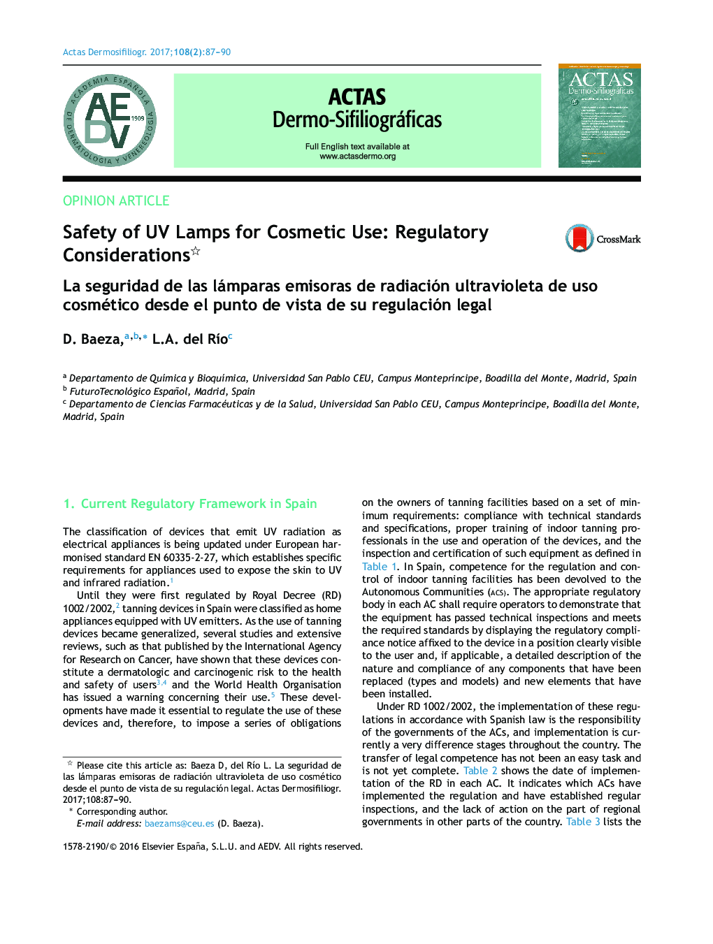 Safety of UV Lamps for Cosmetic Use: Regulatory Considerations