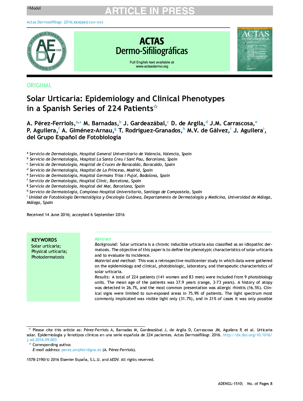 Solar Urticaria: Epidemiology and Clinical Phenotypes in a Spanish Series of 224 Patients