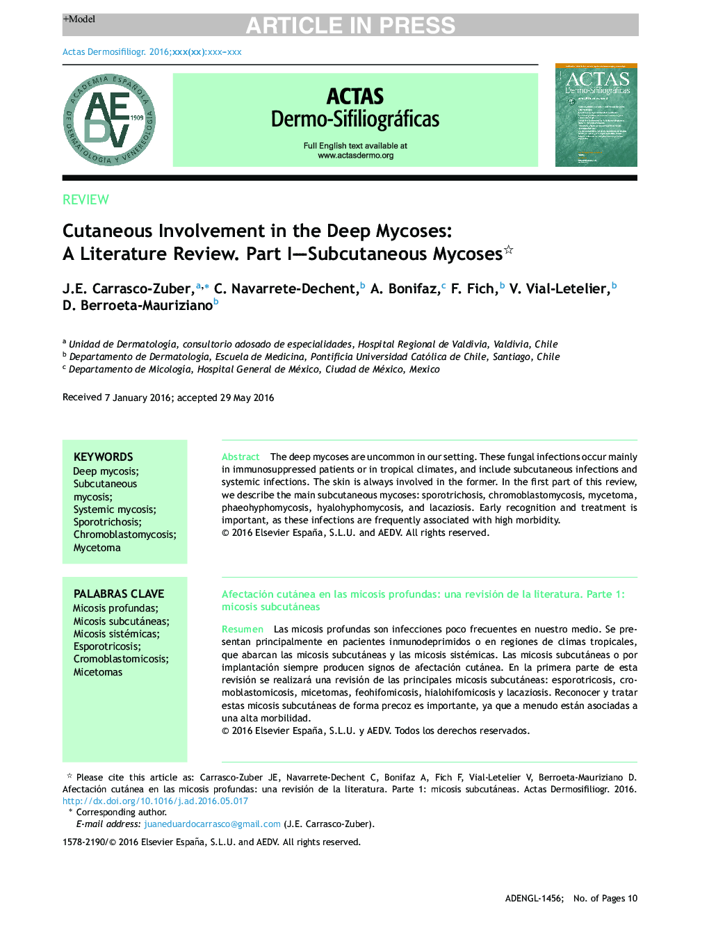 Cutaneous Involvement in the Deep Mycoses: A Literature Review. Part I-Subcutaneous Mycoses