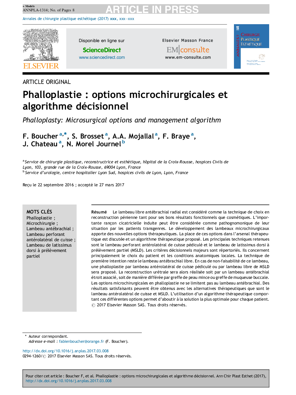 PhalloplastieÂ : options microchirurgicales et algorithme décisionnel