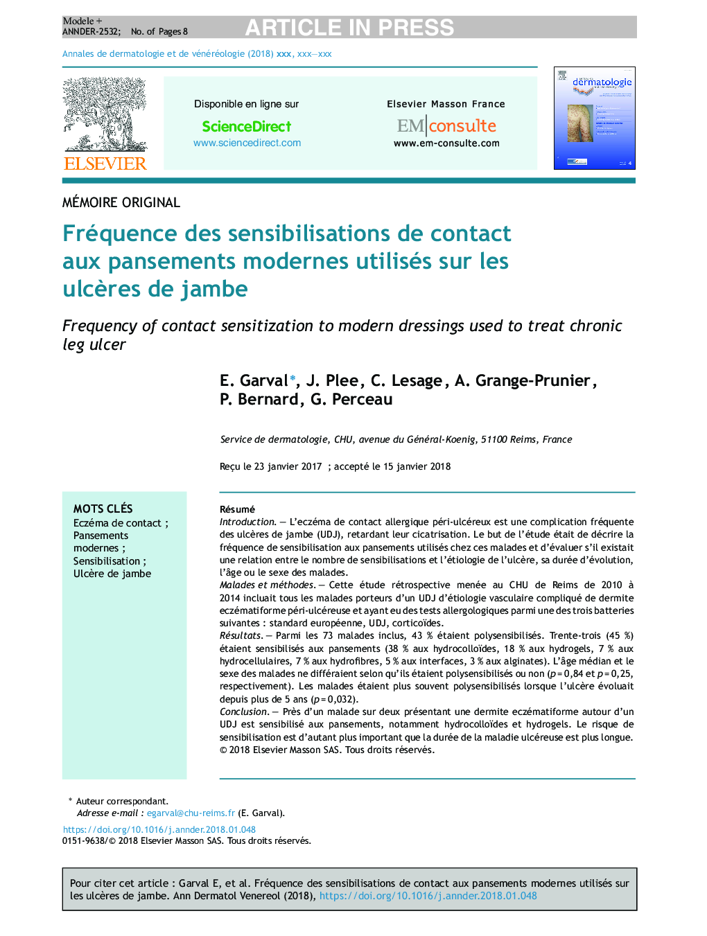 Fréquence des sensibilisations de contact aux pansements modernes utilisés sur les ulcÃ¨res de jambe