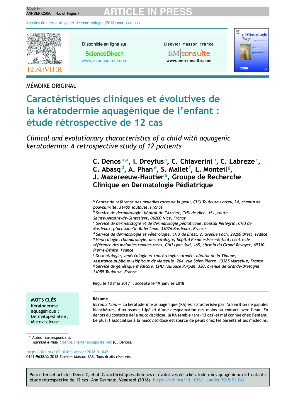 Caractéristiques cliniques et évolutives de la kératodermie aquagénique de l'enfantÂ : étude rétrospective de 12Â cas