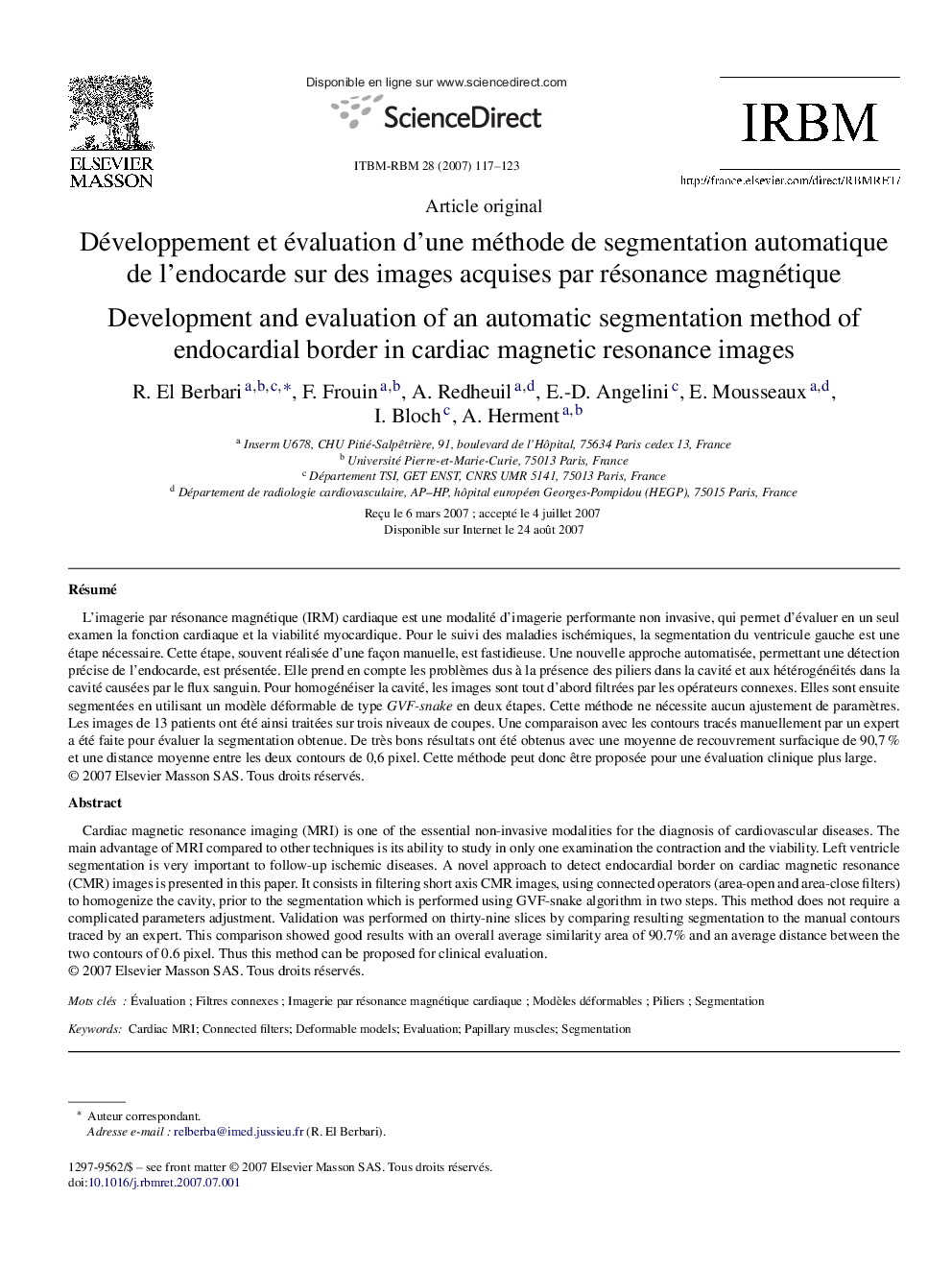 Développement et évaluation d’une méthode de segmentation automatique de l’endocarde sur des images acquises par résonance magnétique