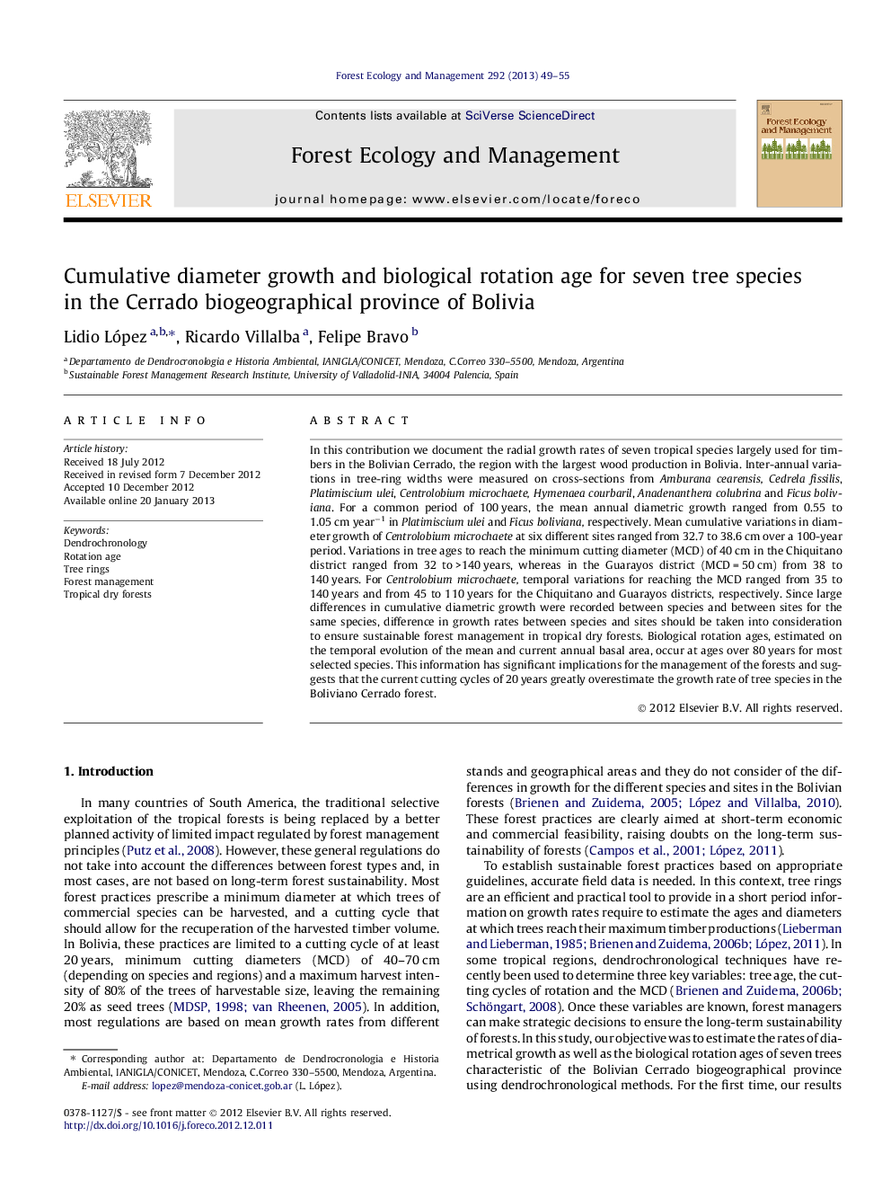 Cumulative diameter growth and biological rotation age for seven tree species in the Cerrado biogeographical province of Bolivia