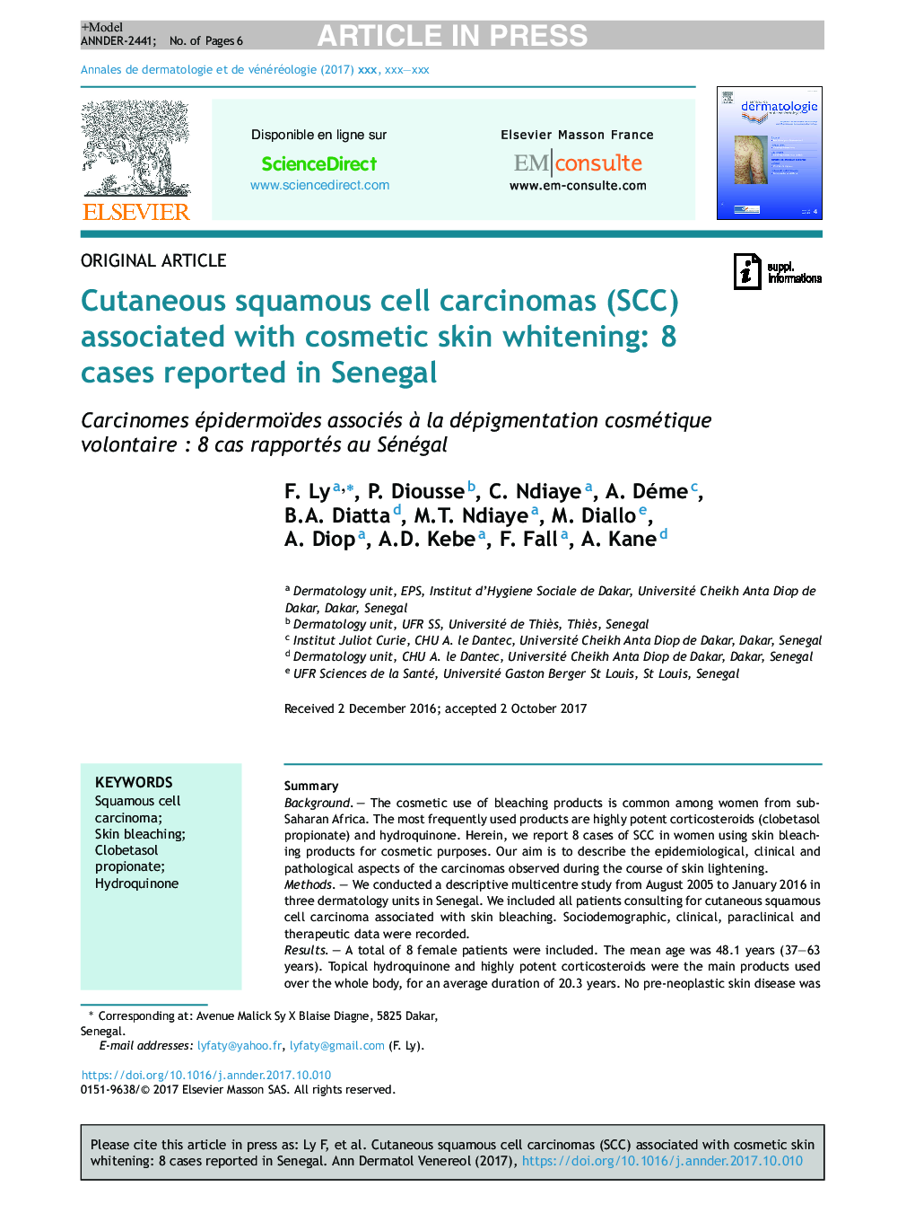 Cutaneous squamous cell carcinomas (SCC) associated with cosmetic skin whitening: 8 cases reported in Senegal